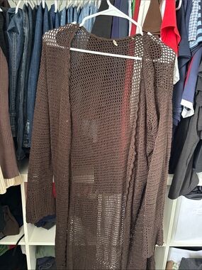 Brown Open-Weave Crochet Duster Cardigan Beach Cover up